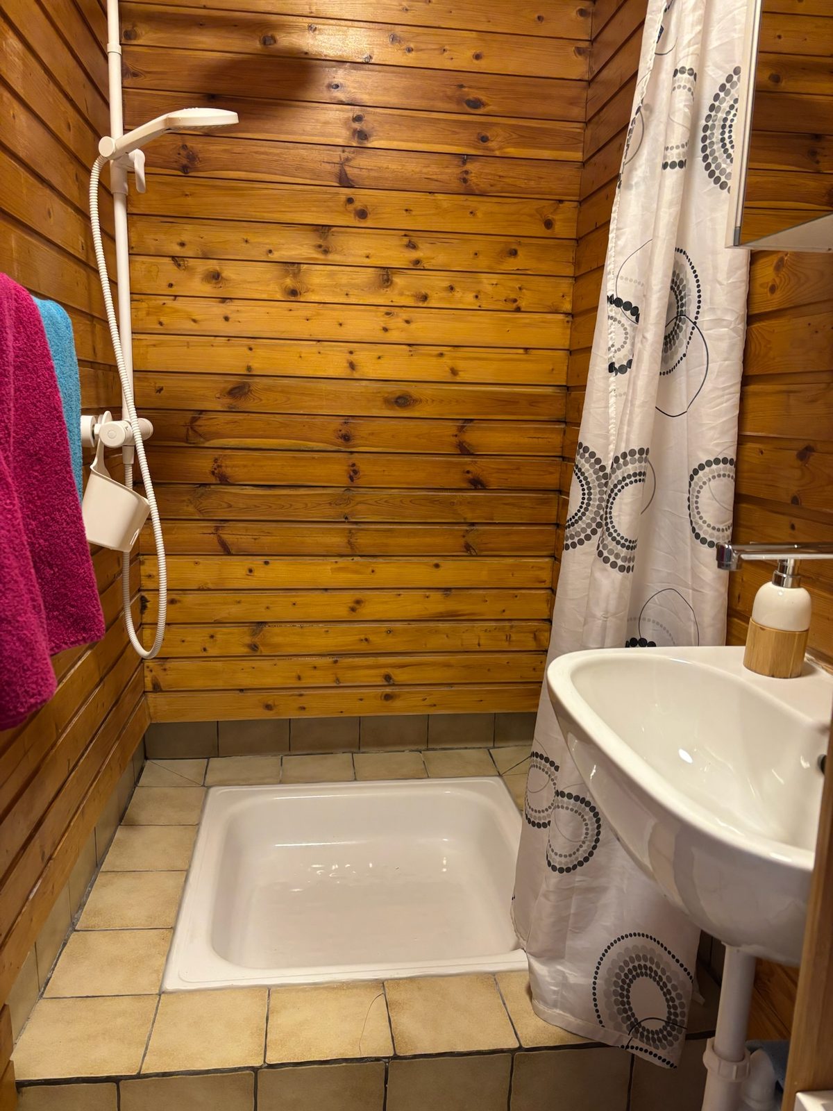 Badezimmer mit Dusche und Holzvertäfelung