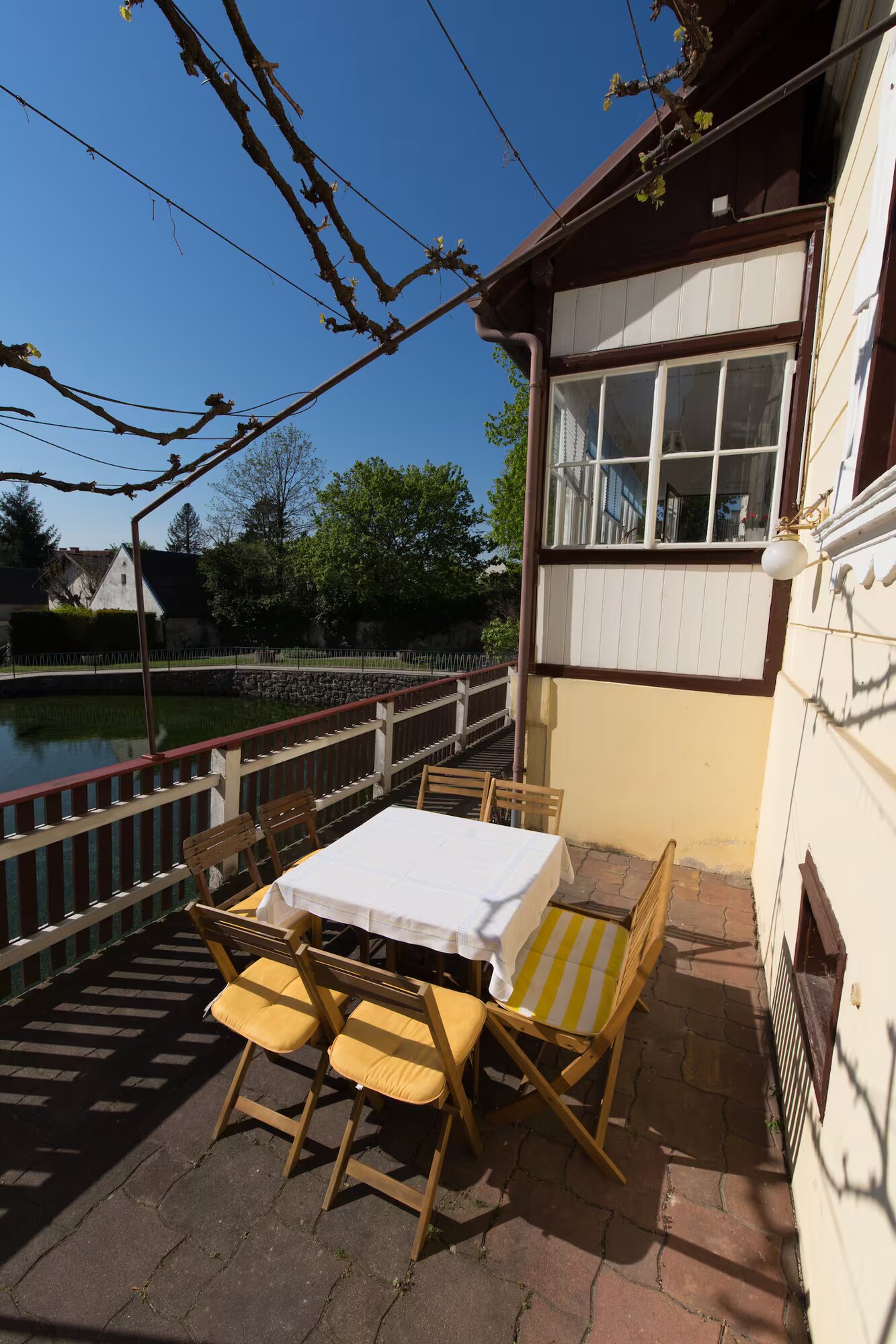 Terrasse mit Weinlaube und Blick über den Teich